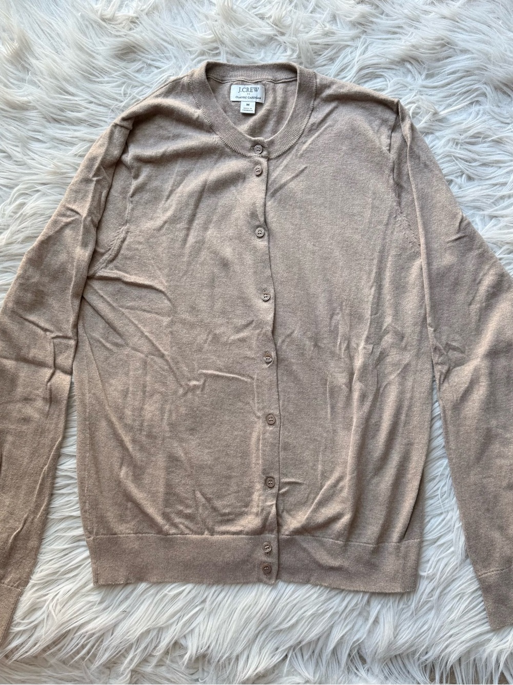 J.Crew Classic Button Up Cardigan Sweater Medium Beige Camel Tan Minimalist